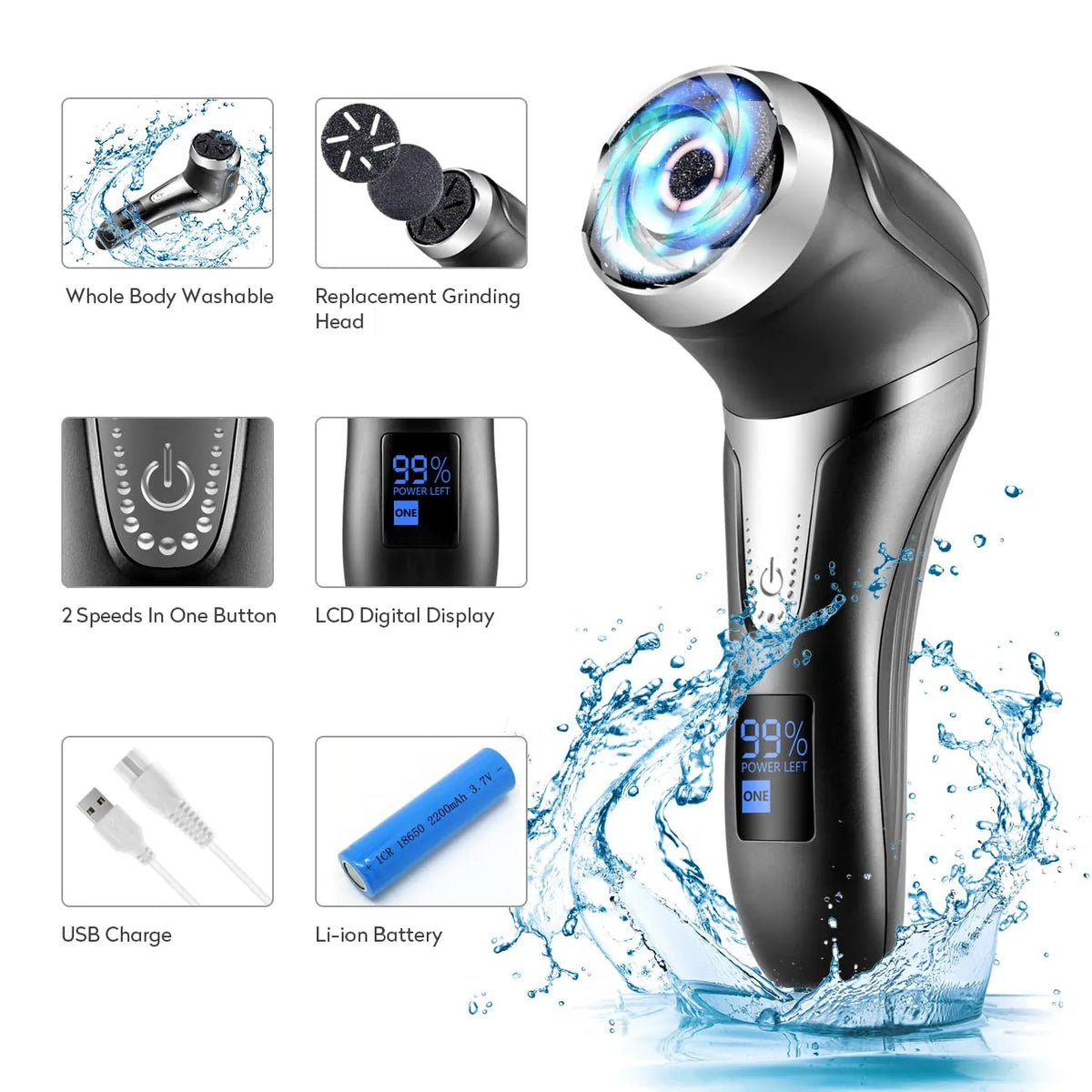 Electric Waterproof Pedicure Kit Rechargeable Calloused Feet Remover Tool with LCD Display for Efficient Exfoliation of Dead Skin on Feet