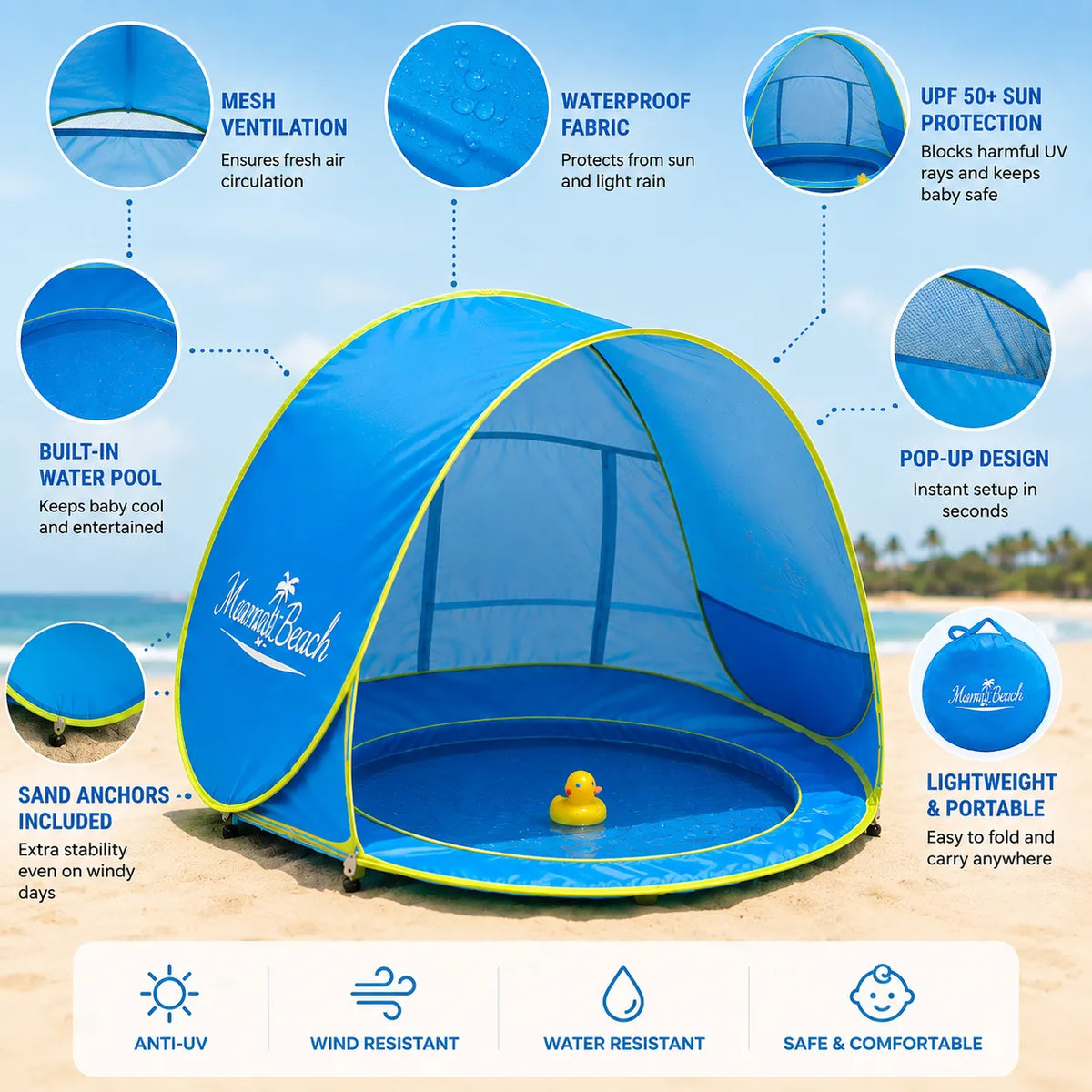 Baby Beach Tent Pool With UV Sun Protection, Foldable Pop-Up Infant Shade Shelter