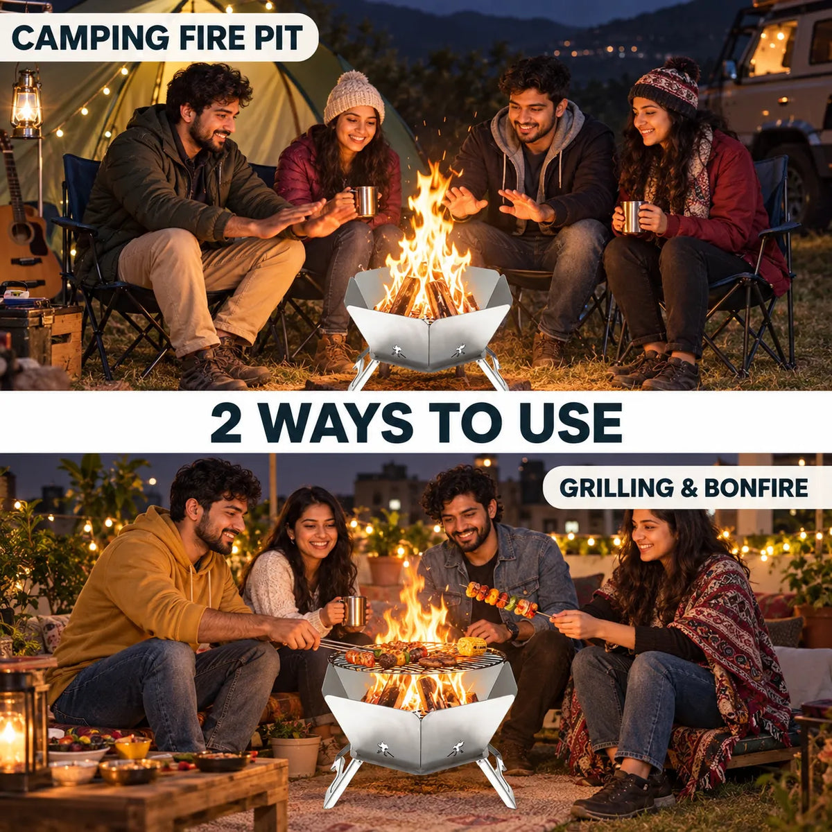 2-in-1 Folding Stainless Steel Camping Fire Pit & Stove for Picnic, Barbecue, Campfire & Hiking