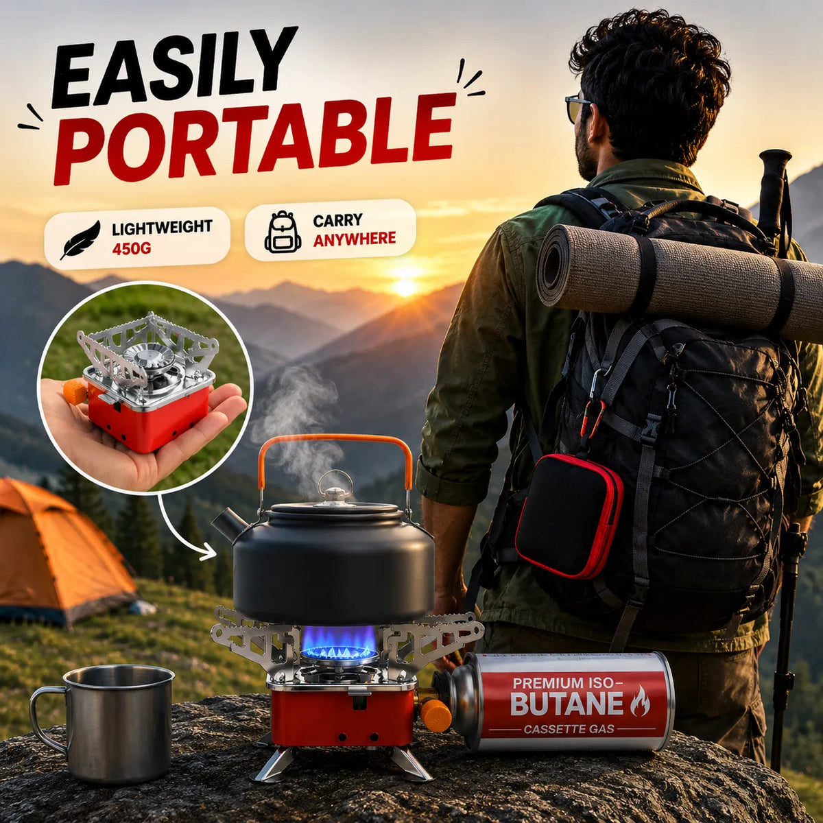 Portable Camping Gas Stove for Travel, Hiking, Outdoor Picnic & Emergency Cooking Use with Storage Bag