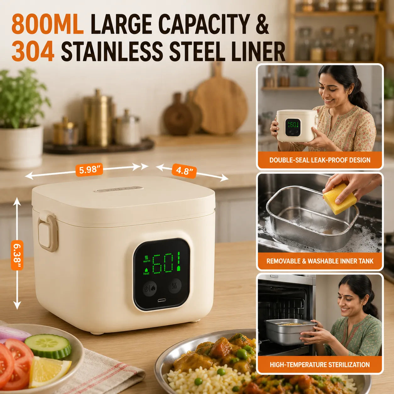 7 Levels Heating Function Cordless Lunch Box with Battery | Portable for Home, School, Travel, and Office