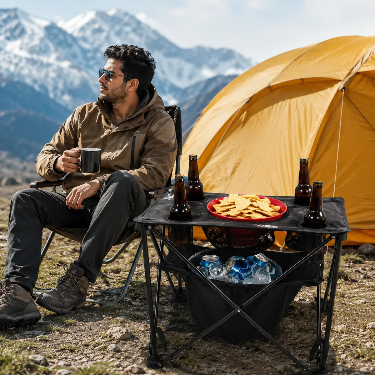Portable Camping Table With Insulated Cooler for Outside, Fishing, Hiking, Tailgating