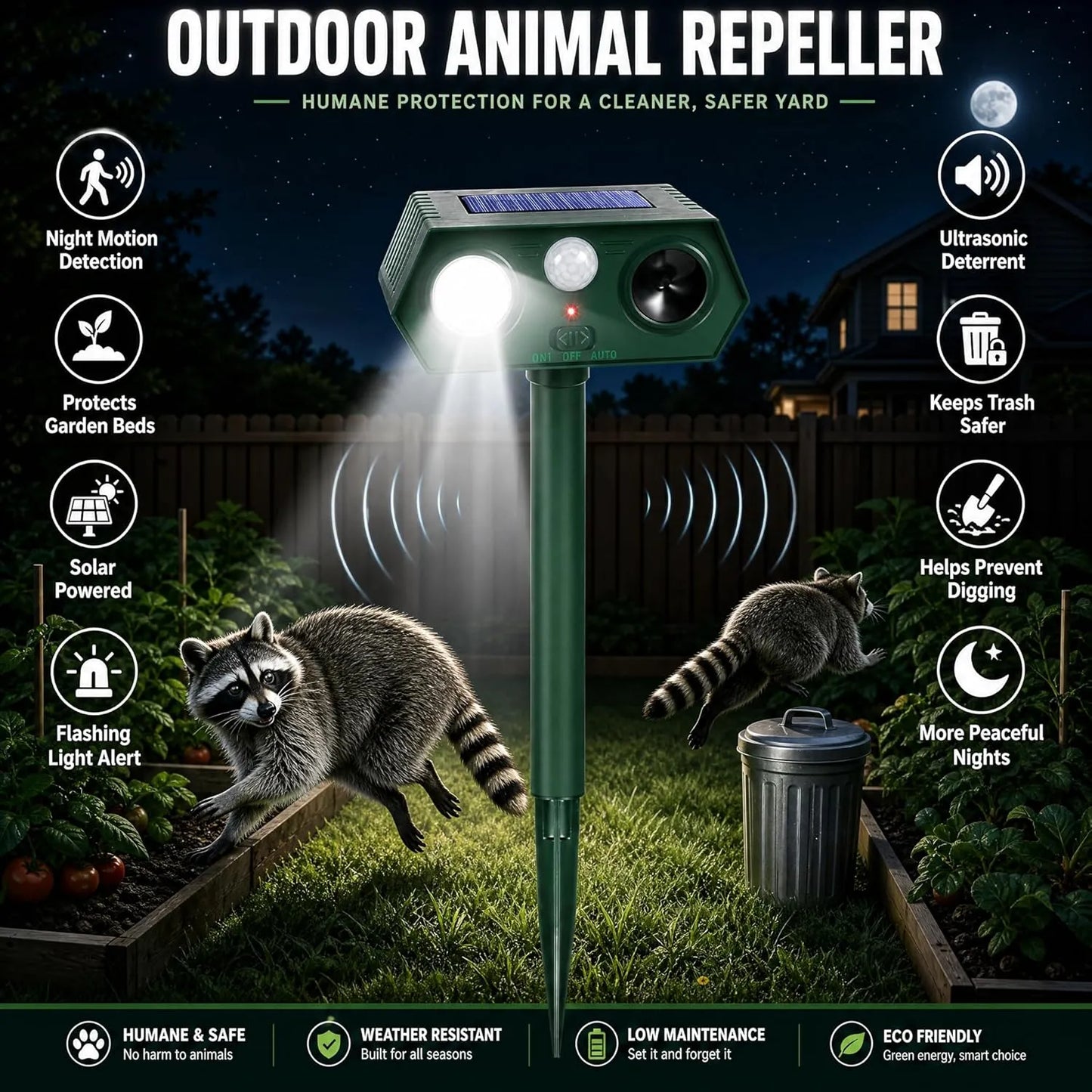 Waterproof Solar Powered Animal Repeller for Rats,Squirrels,Dogs,Foxes and Birds  with Motion Sensor & LED Flash