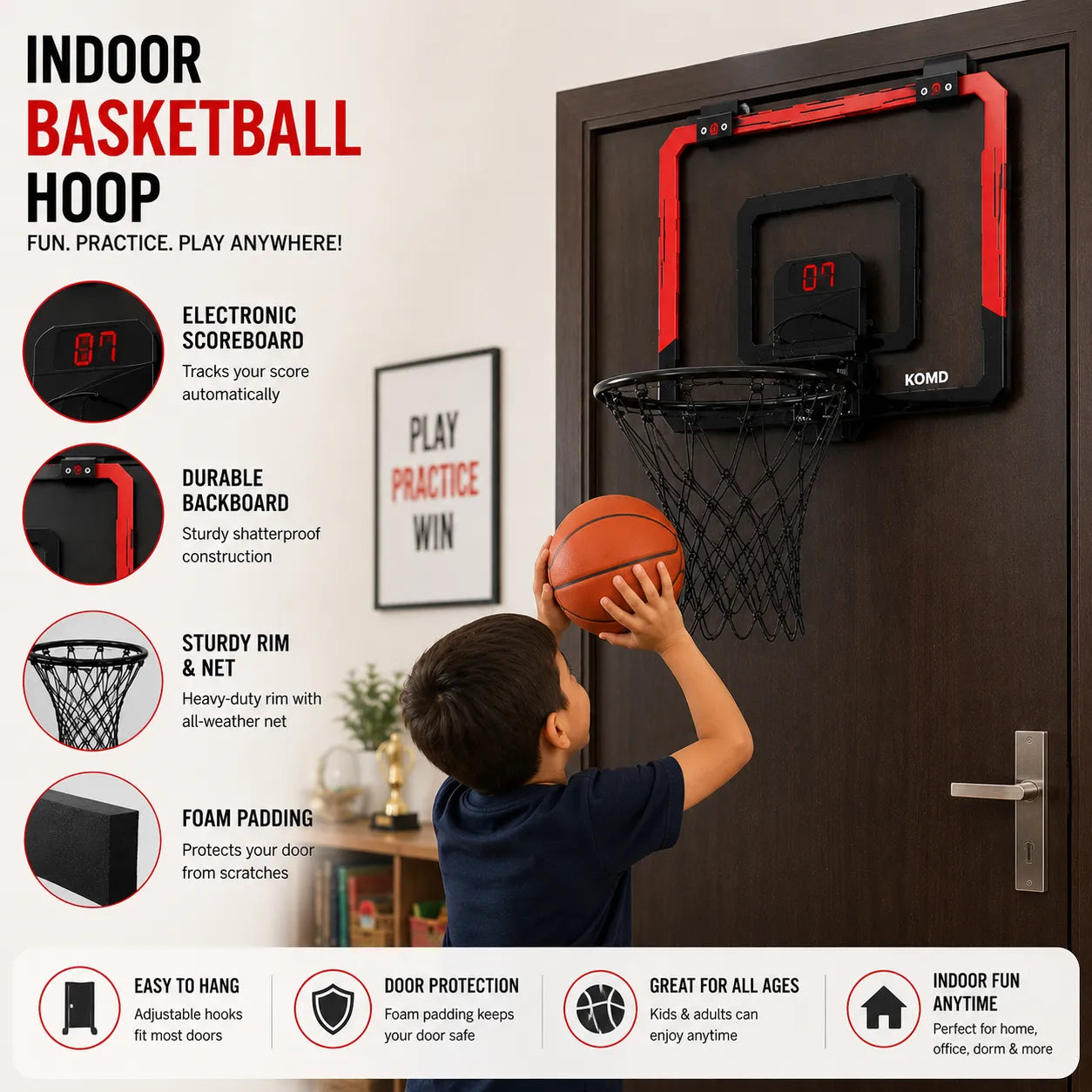 Wall Basketball Basket with 3 Balls, Scoreboard And LED Lights For Indoor - Outdoor