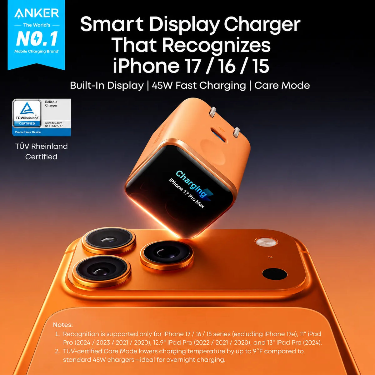 Anker Smart Display Charger, 45W Fast Charging USB C Charger with Smart Recognition, Built-in Maintenance Mode, Compact with 180° Foldable Plug