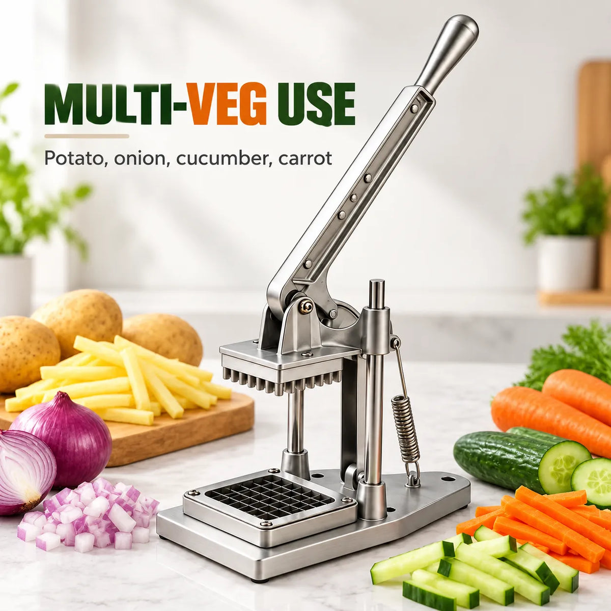 Professional Heavy-Duty Vertical Vegetable Dicer & French Fry Cutter For Uniform Dicing, Chopping, and Slicing.