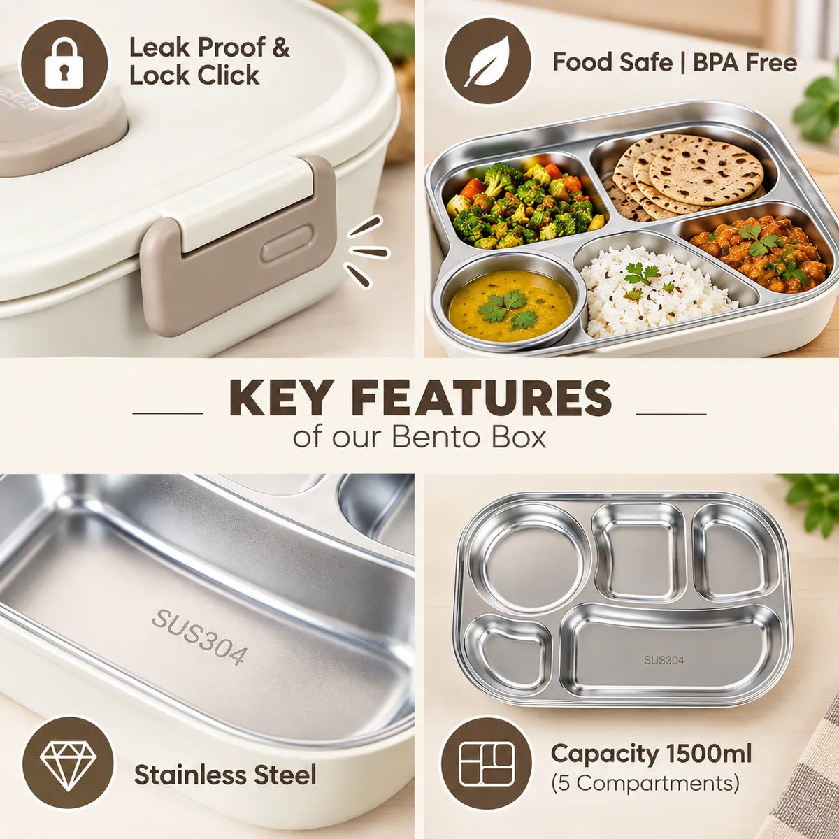 Microwave-Safe Insulated Lunch Box with 5 Compartments Lunchable Food Container with Spoon & Chopsticks
