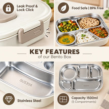 Microwave-Safe Insulated Lunch Box with 5 Compartments Lunchable Food Container with Spoon & Chopsticks
