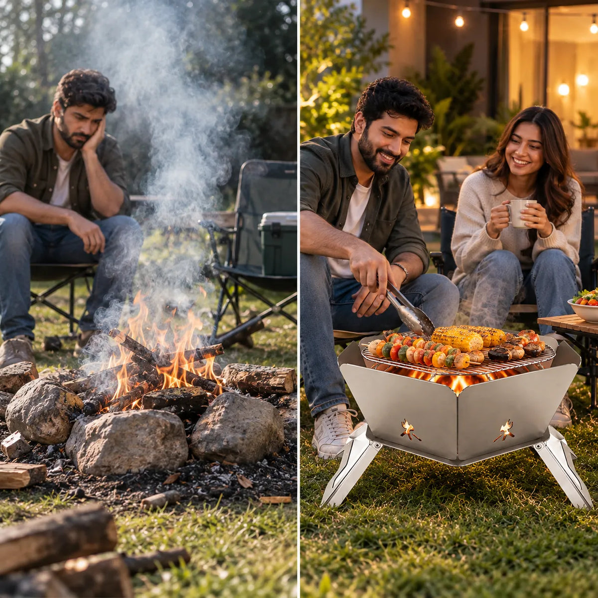 2-in-1 Folding Stainless Steel Camping Fire Pit & Stove for Picnic, Barbecue, Campfire & Hiking