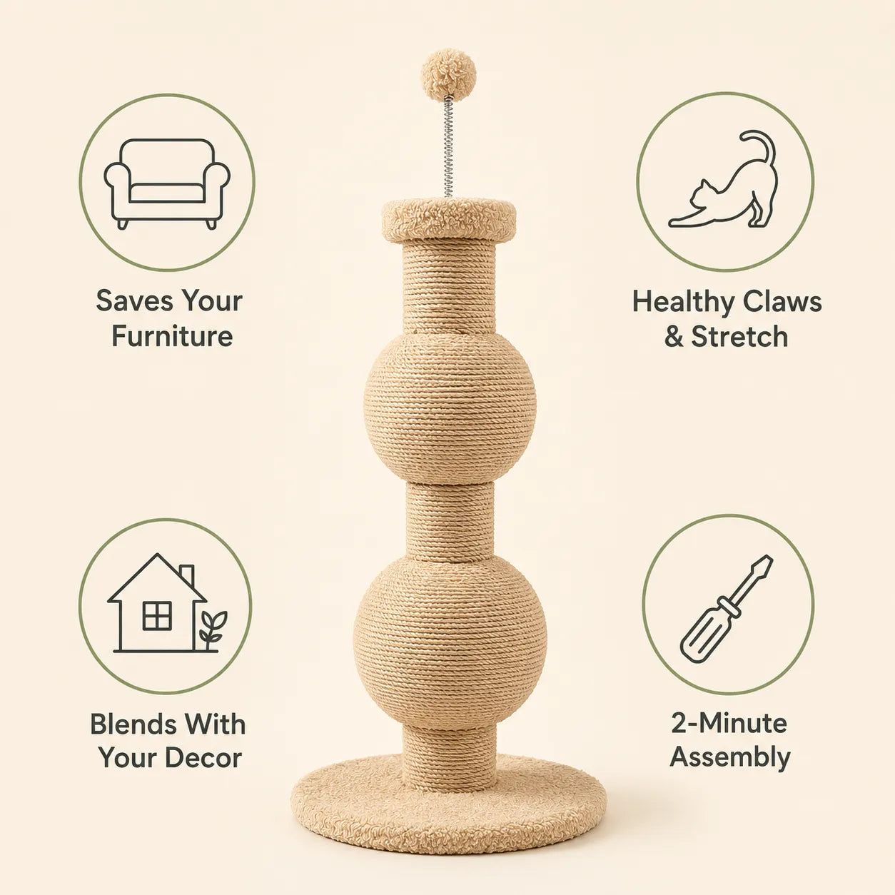 Multi-Function Sisal Cat Scratching Post with Teaser Spring Ball for Indoor Cats and Kittens