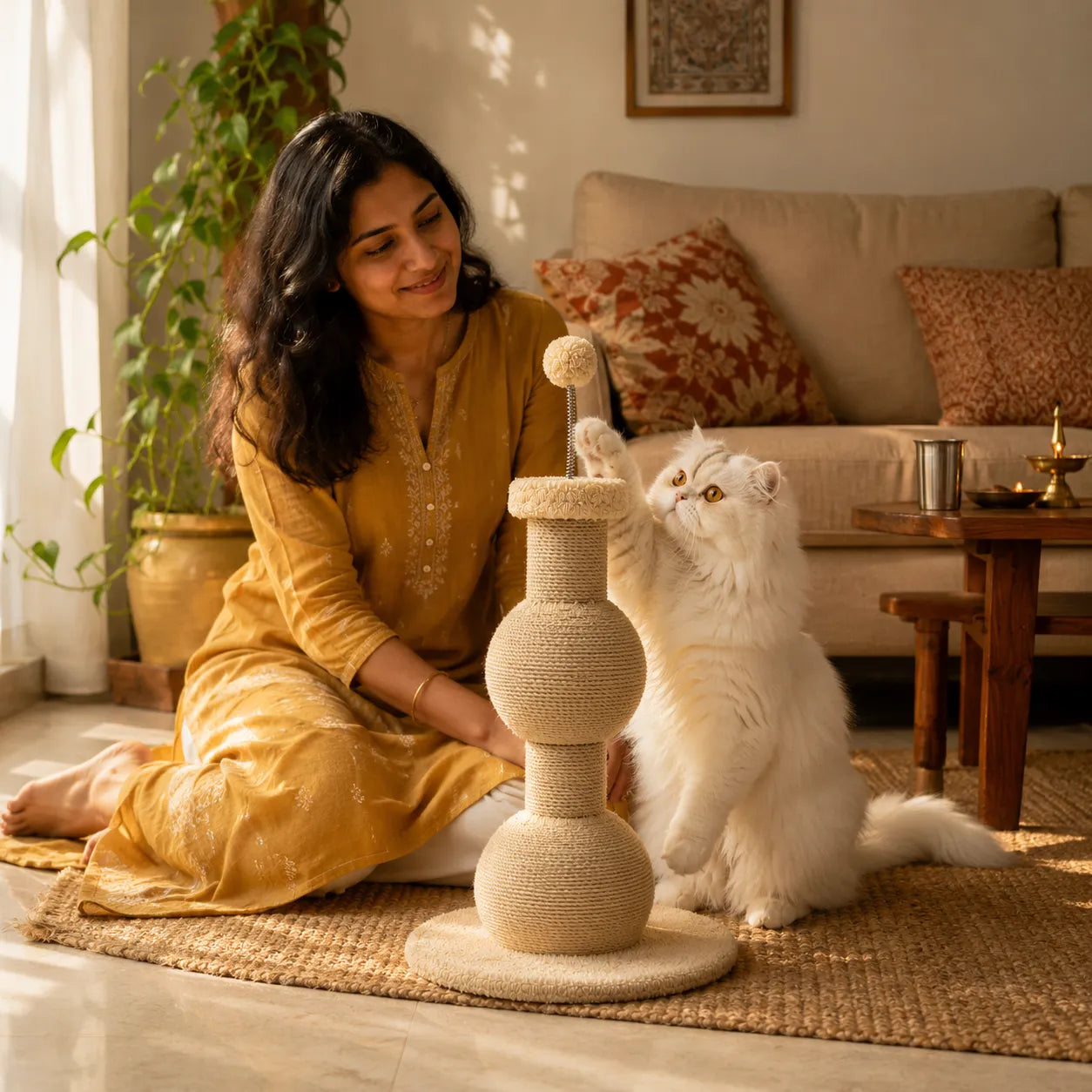 Multi-Function Sisal Cat Scratching Post with Teaser Spring Ball for Indoor Cats and Kittens