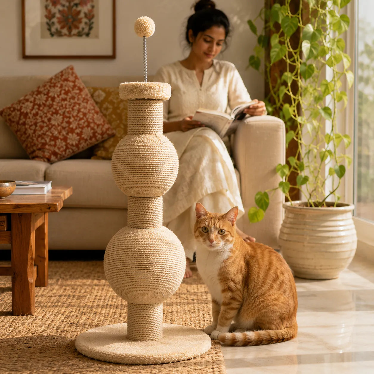 Multi-Function Sisal Cat Scratching Post with Teaser Spring Ball for Indoor Cats and Kittens