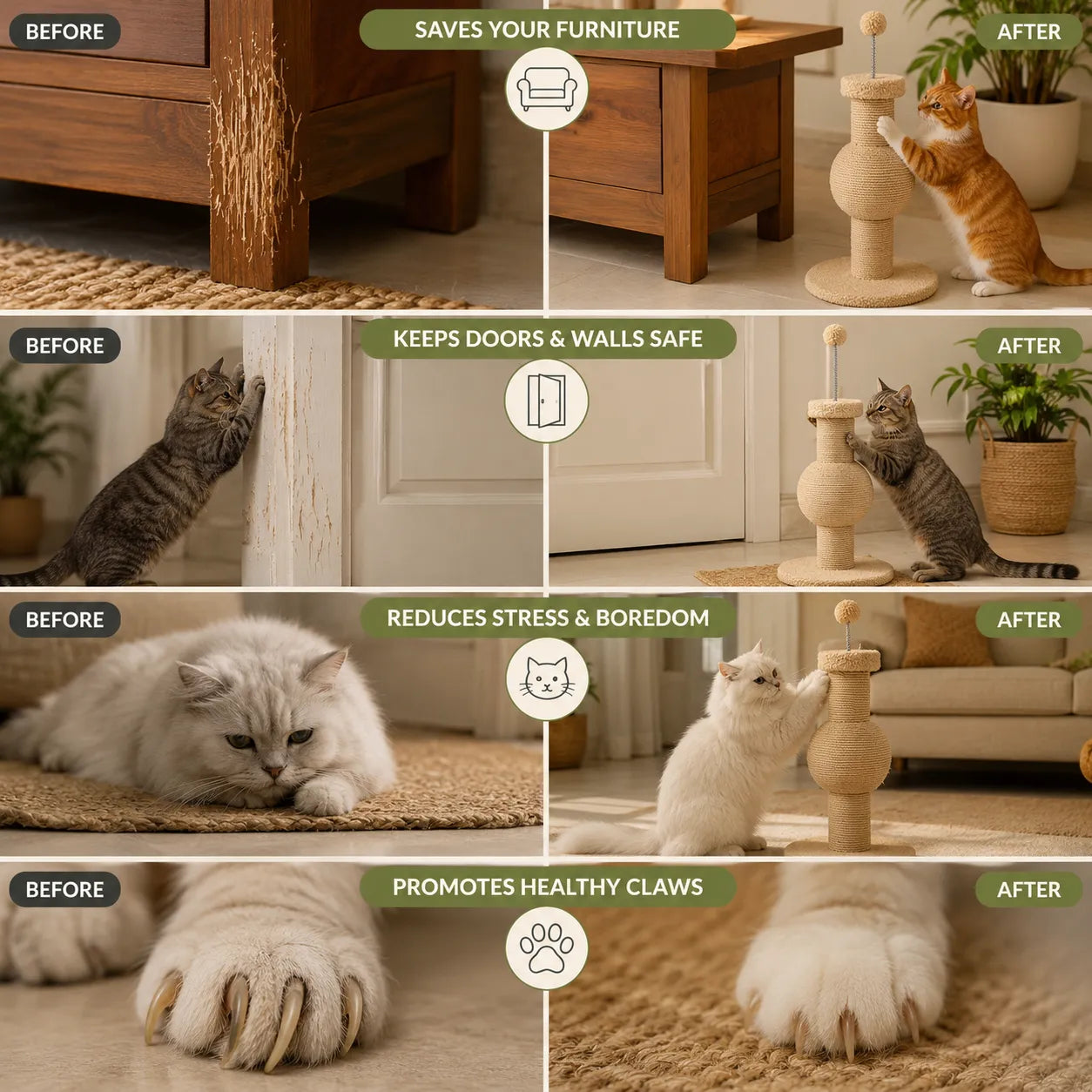Multi-Function Sisal Cat Scratching Post with Teaser Spring Ball for Indoor Cats and Kittens