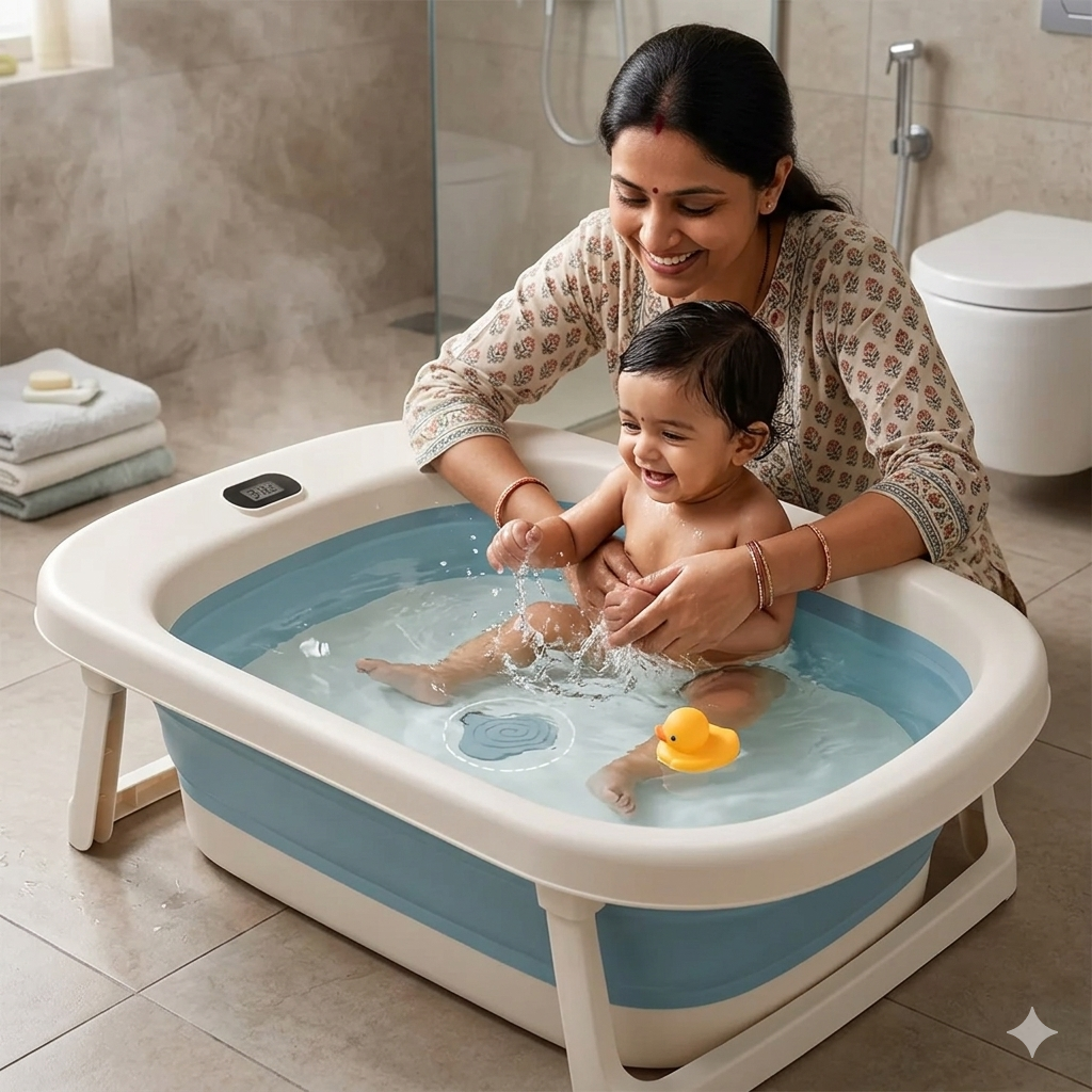 Foldable Baby Bath Tub with Built-In Digital Temperature Sensor