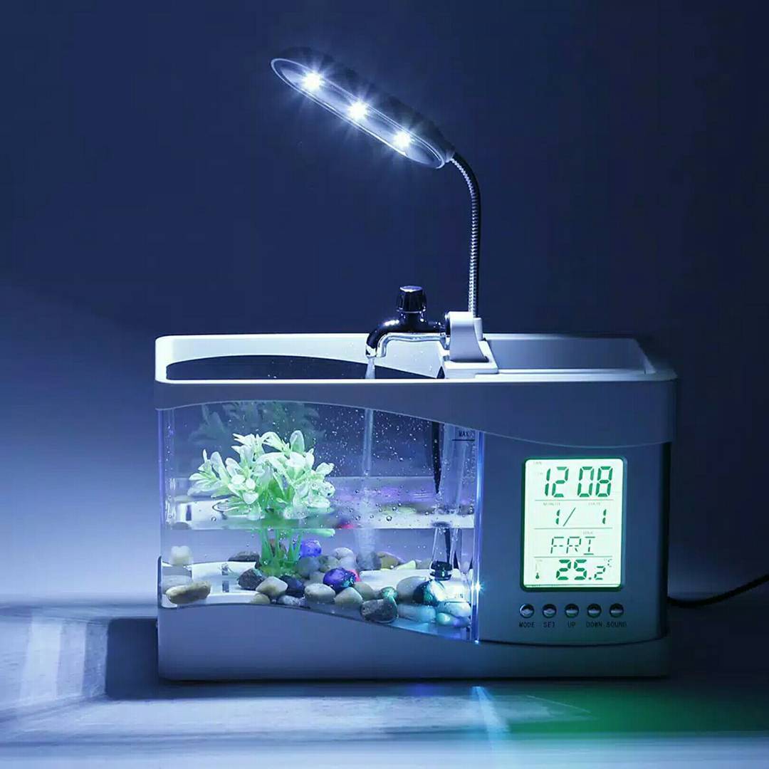 5-in-1 Smart Desktop Aquarium with LED, Clock & Fountain