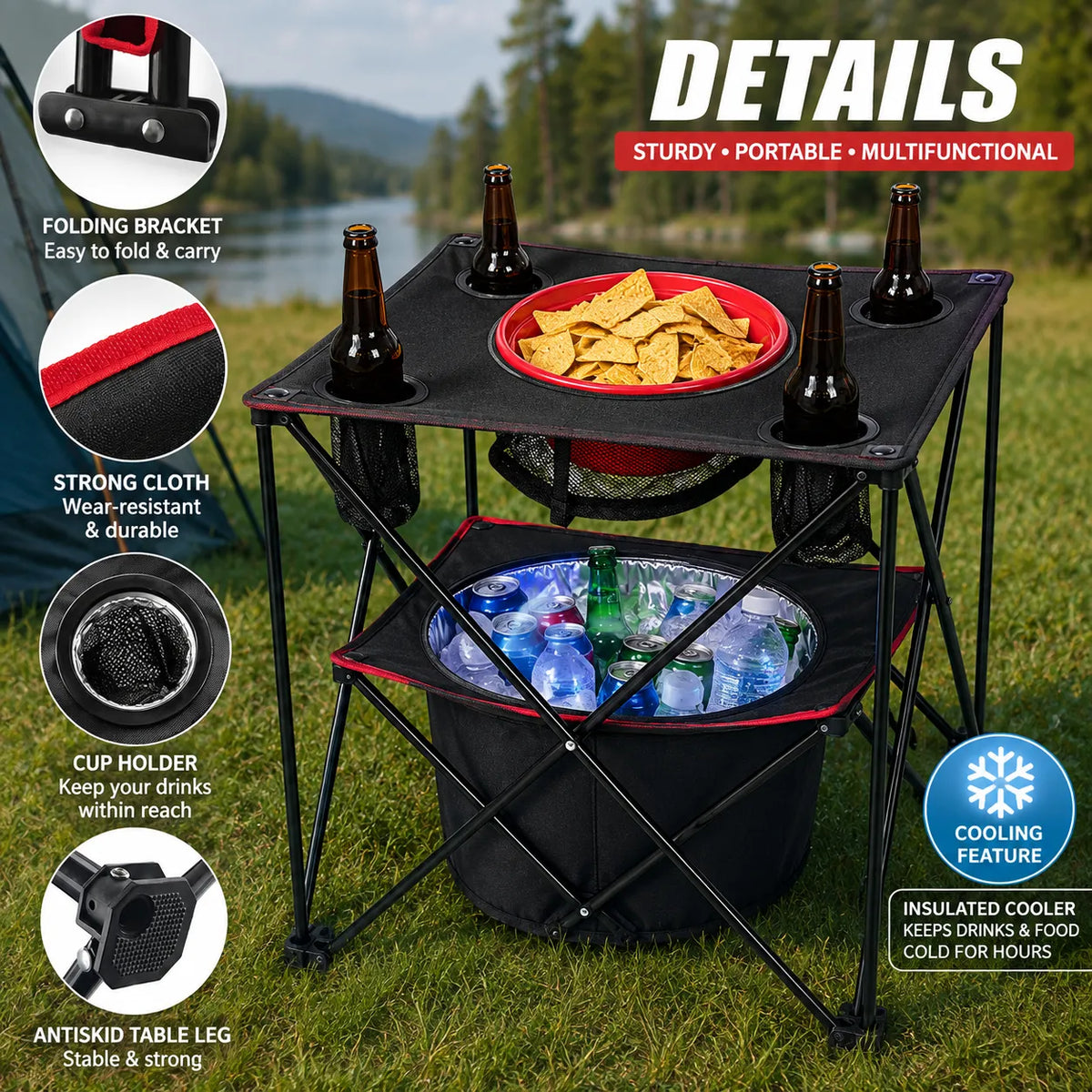 Portable Camping Table With Insulated Cooler for Outside, Fishing, Hiking, Tailgating