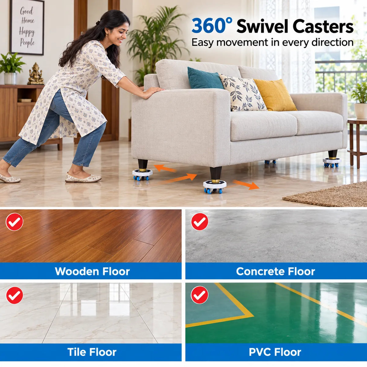 360° Rotating Heavy Duty Appliances & Furniture Mover With 1 High-Leverage Steel Crowbar Lifter, 4 Omnidirectional Wheeled Dollies
