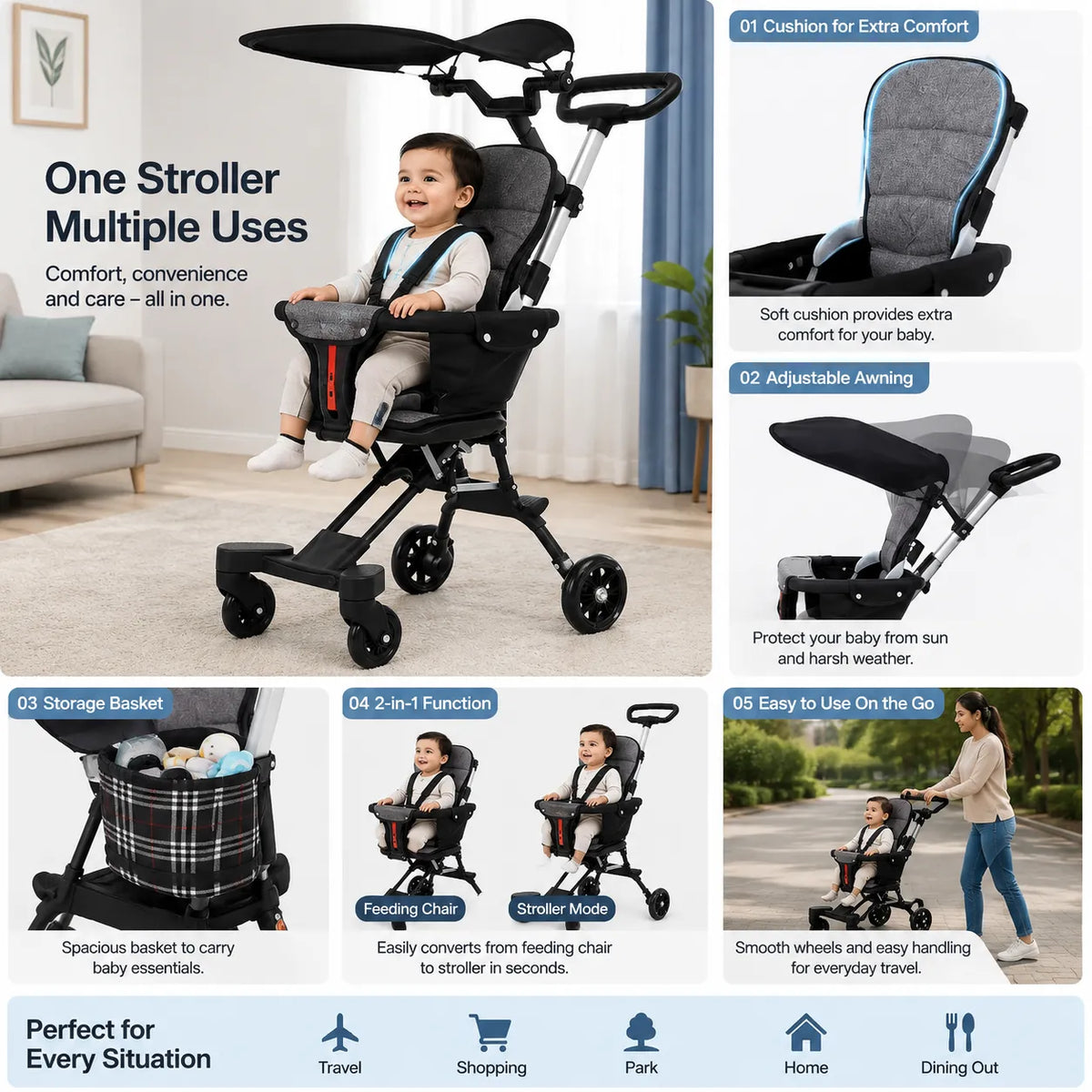 Ultra-Light Portable Baby Stroller with Push Handle, 4 Wheels & Portable Travel Buggy