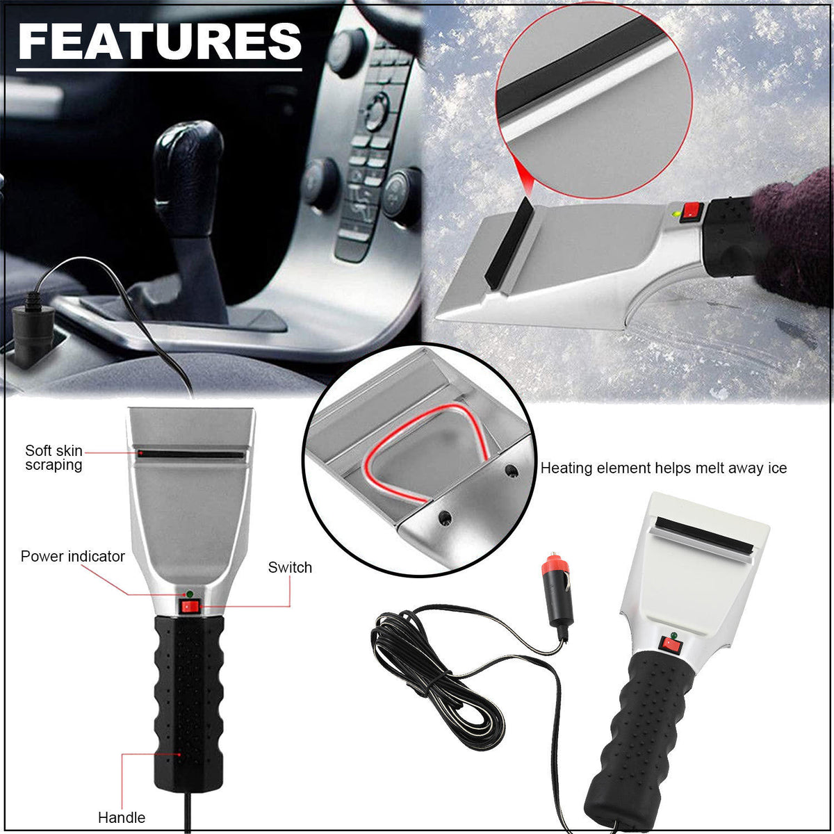 Car Heated Ice Snow Defrost Windshield Scraper