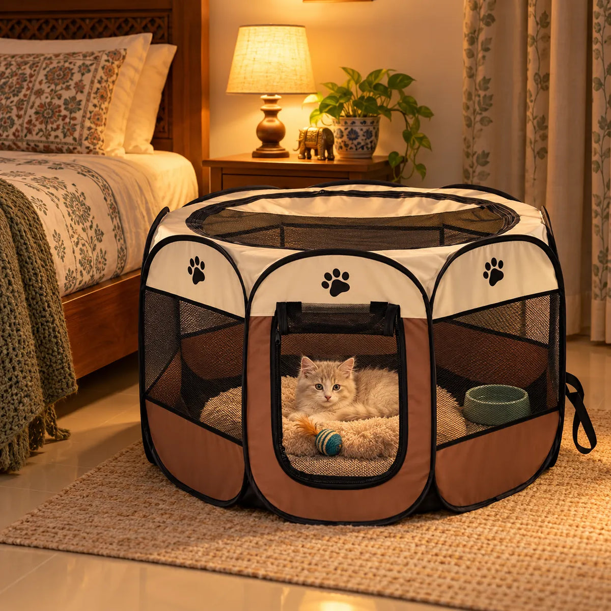 Foldable Octagonal Pet Enclosure Tent Portable Pop-Up Breathable Mesh House Shelter Cattery for Cats Dogs and Small Animals