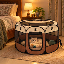 Foldable Octagonal Pet Enclosure Tent Portable Pop-Up Breathable Mesh House Shelter Cattery for Cats Dogs and Small Animals