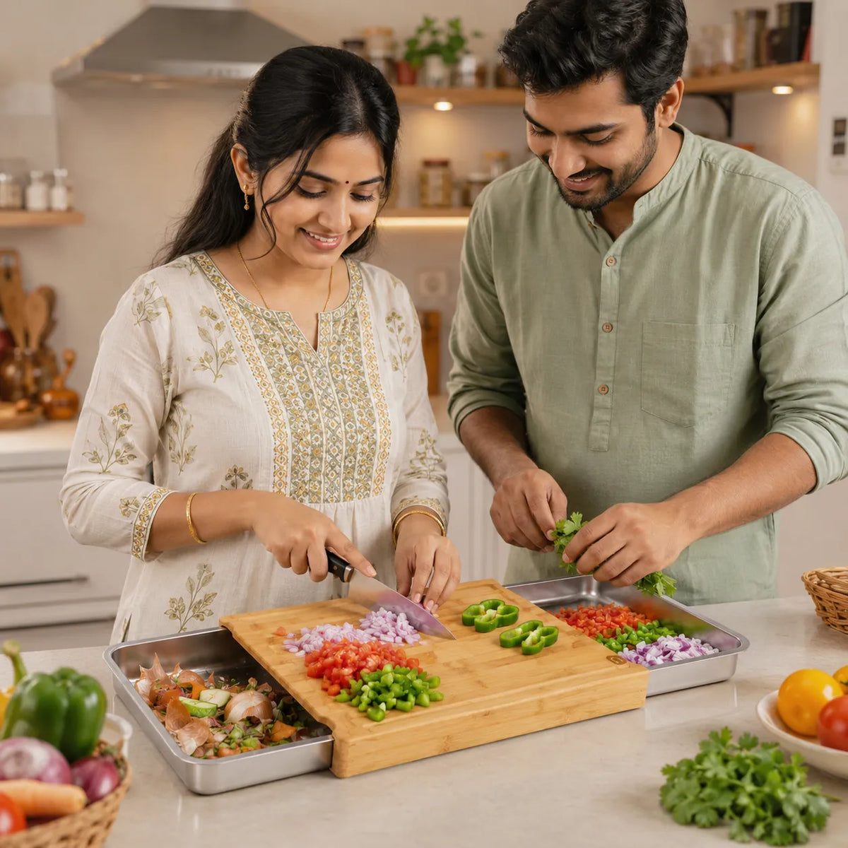 Chopping Board with Magnetic Trays – Practical Chopping Board in High Quality Bamboo Wood with Tray