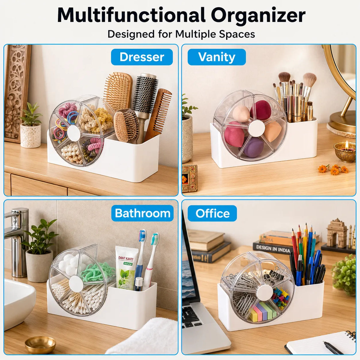 Accessories Organizer with 5-Section Rotating Case With 2-Slot For Dresser, Vanity, Bathroom, Bedroom & Office