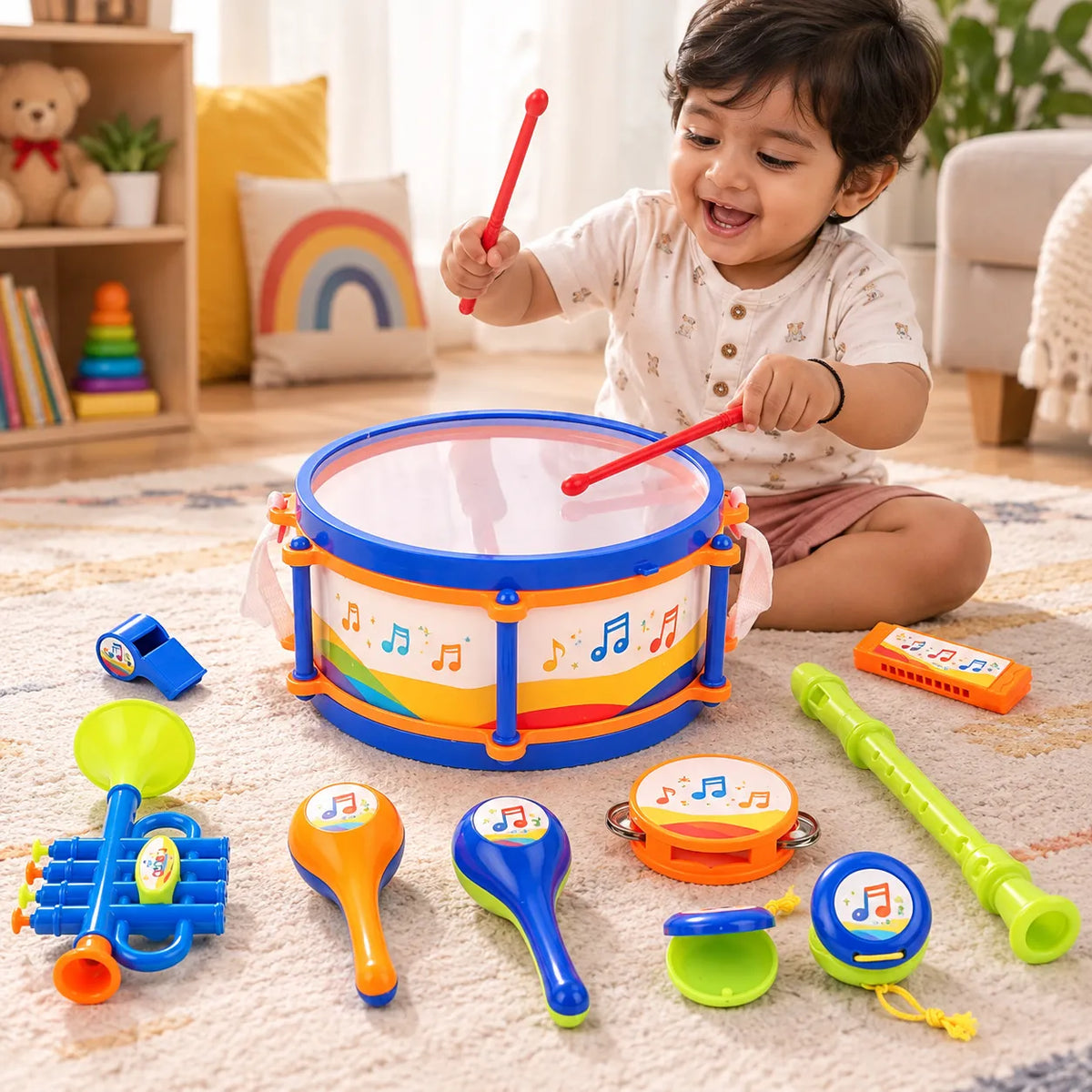 Rockstar Drum Set For Kids with 2 Drum Sticks and Microphone, Musical Instruments Playset, Birthday Gift for Boys and Girls