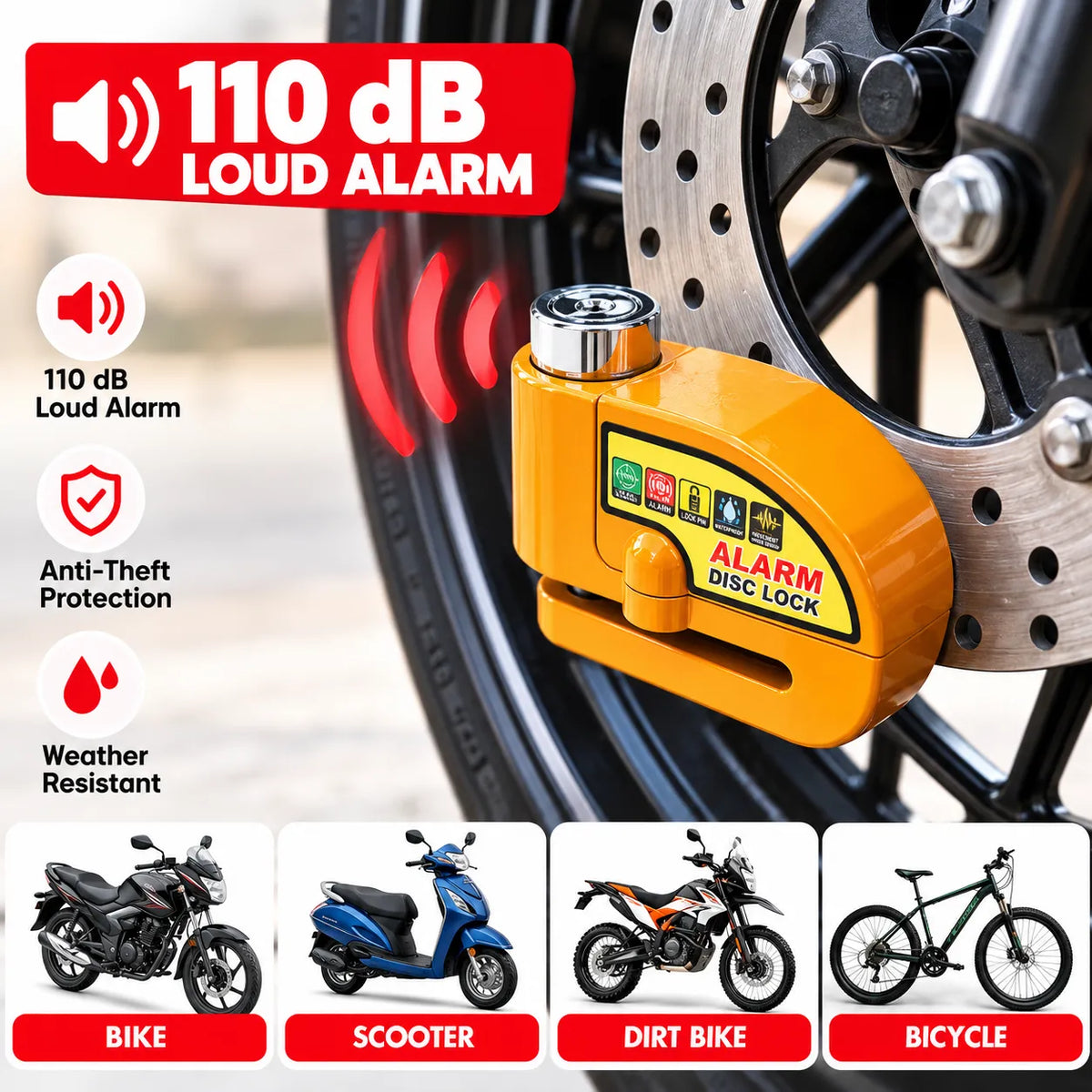 High-Decibel Anti-Theft Disc Brake Alarm Lock With 110dB Siren Alarm Sound, Protect Your Bike at Office, Market, Gym or Outside Your Home