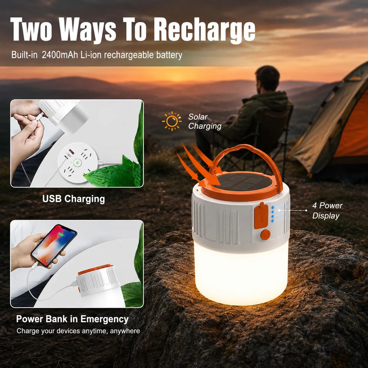 Solar Emergency Light Waterproof LED With USB for Travel, Tents, Indoor