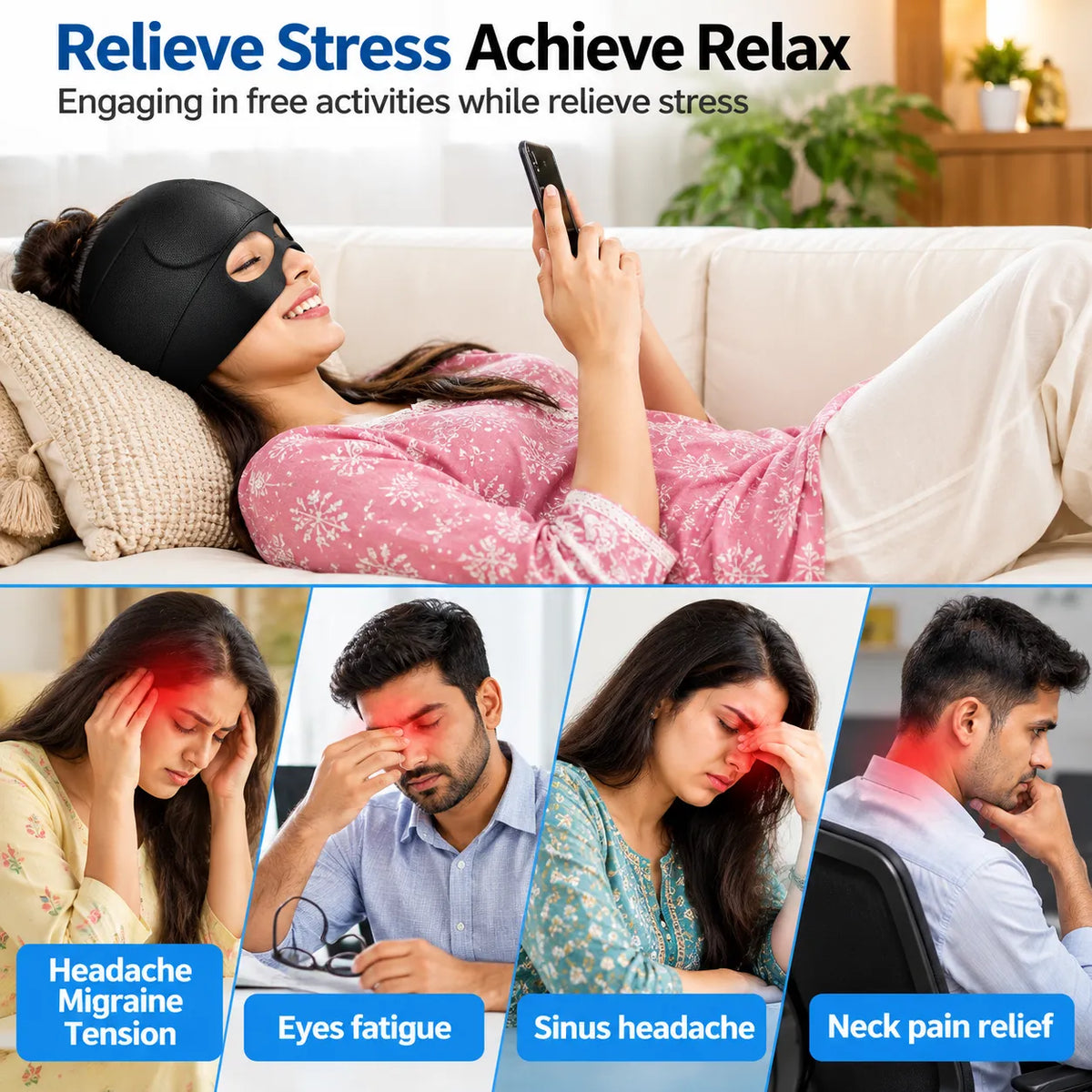 3 in 1 Migraine Relief Cap, Hot and Cold Therapy for Relief of Headaches, Stiff Neck and Eye Fatigue